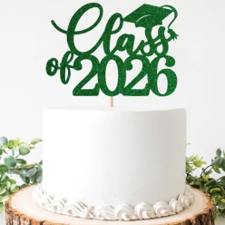 Green Glittering Grad Class of 2026 Cake Pick Topper